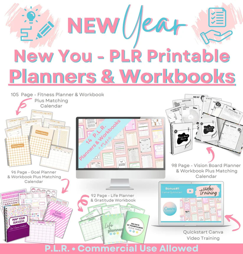 New Year PLR Printable Planners & Workbooks Bundle: Includes 14 planners, matching calendars, stickers, and Canva Quickstart video training