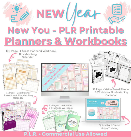 New Year PLR Printable Planners & Workbooks Bundle: Includes 14 planners, matching calendars, stickers, and Canva Quickstart video training