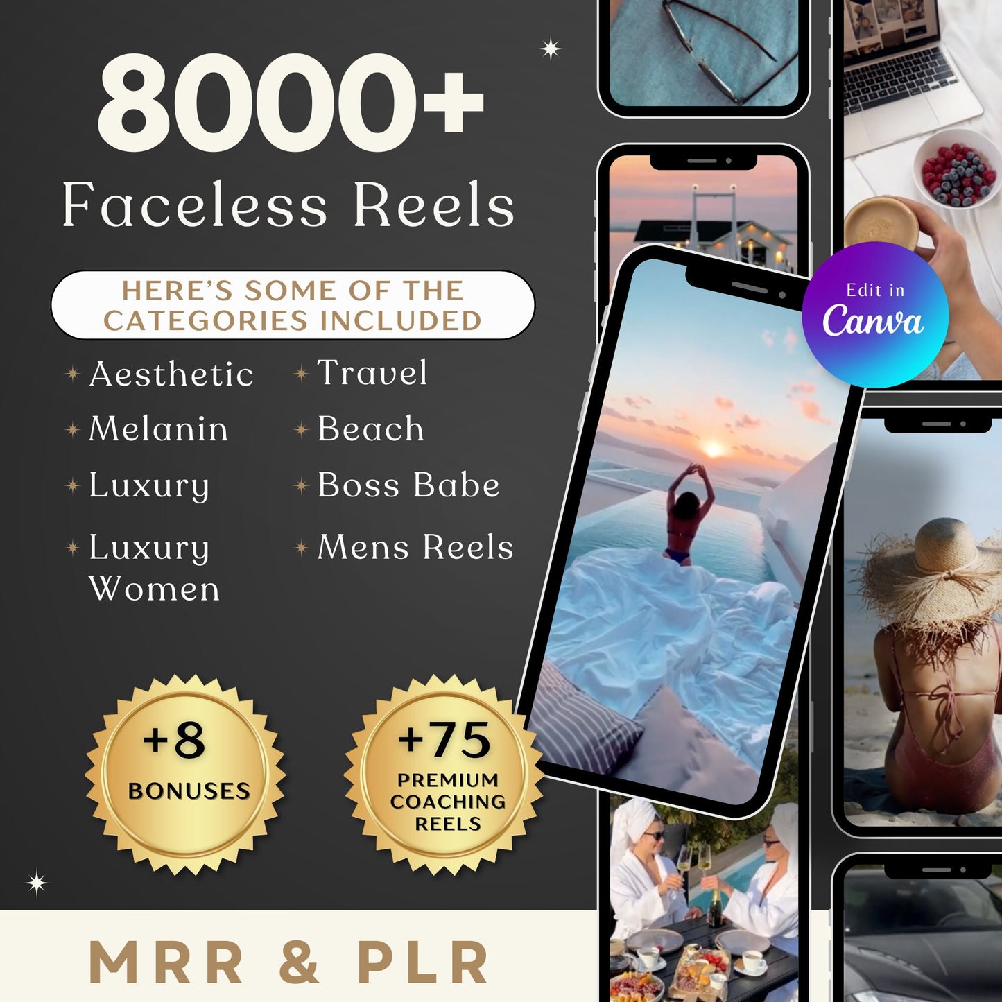 PLR 8000+ Faceless Reels Bundle - Aesthetic Instagram Video Templates For Digital Marketing | MRR | Canva Editable Reels To Resell & Profit