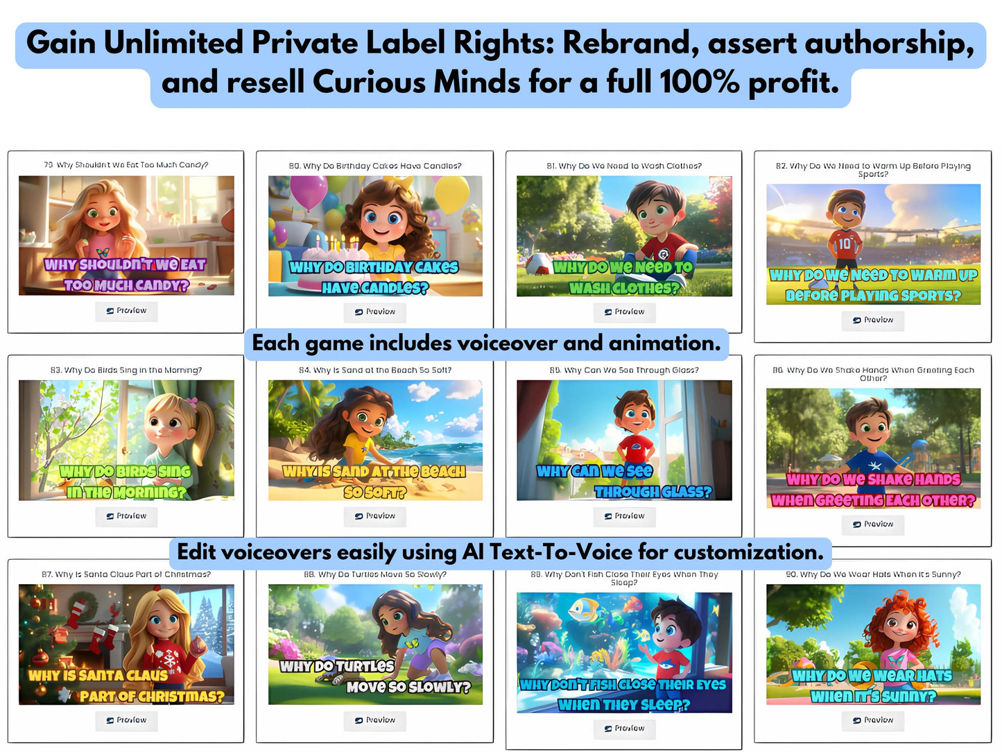 PLR Kids Video Bundle | 100 Editable Animated Children’s Learning Videos in Canva | Fun and Educational for Kids | Voiceover & Animation