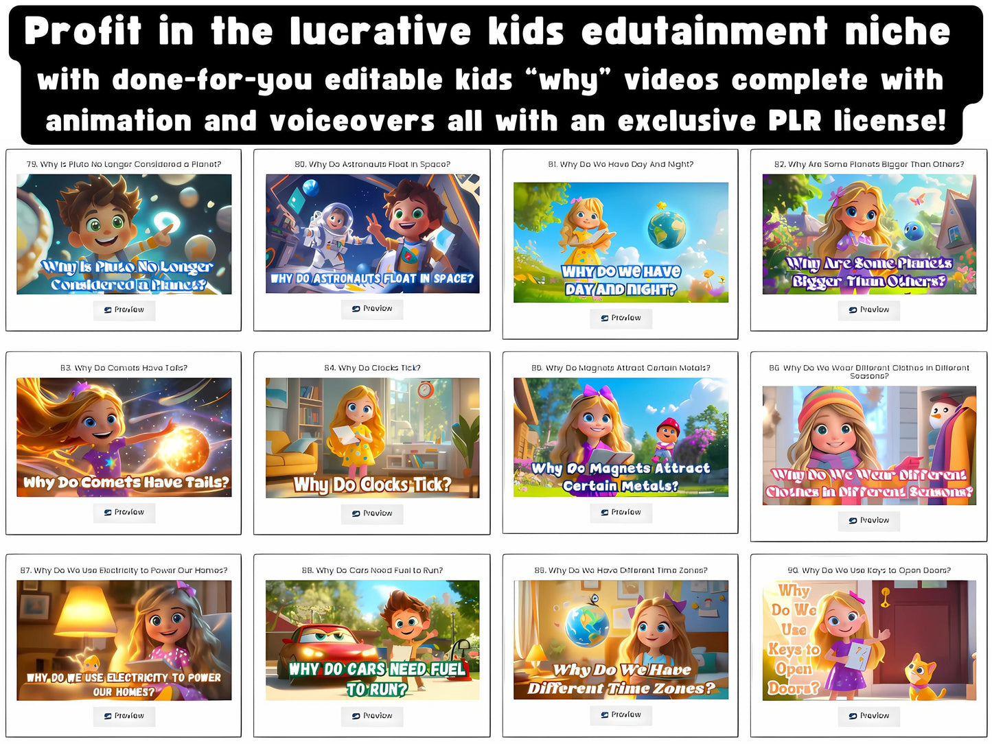 PLR Kids Video Bundle | 90 Editable Animated Children’s Learning Videos in Canva | Fun and Educational for Kids | Voiceover & Animation,