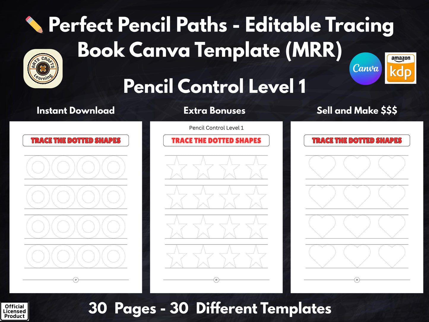 MRR Product Pencil Control Tracing Templates Level 1 | 30 Editable Canva Pages | Early Learning Shapes Tracing | Kids’ Book Creator’s Bundle