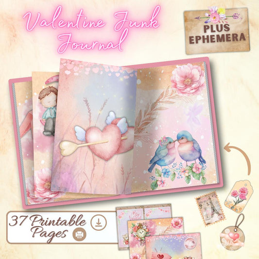 Valentine's Junk Journal Printable Kit | 37 Pages with 25 Beautiful Journal Pages and 12 Ephemera Sheets for DIY Scrapbooking and Crafting